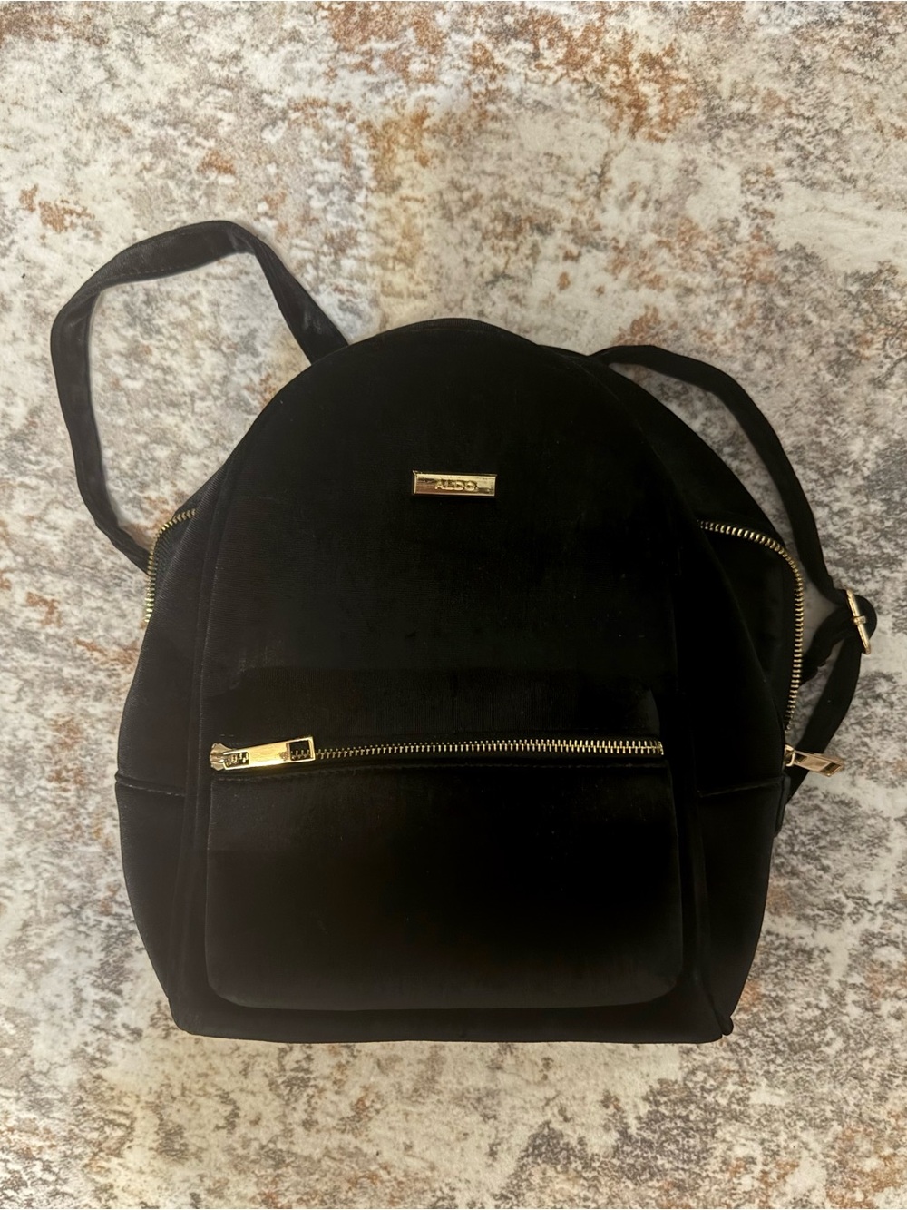 ALDO Black Velvet Backpack with Gold Accents